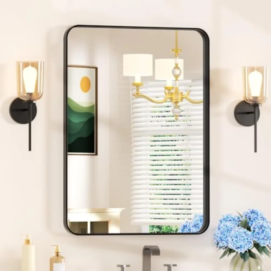 

Зеркало для ванной 22×30 см, черное, для установки над раковиной - прямоугольное настенное зеркало для ванной комнаты с закругленными углами и металлической рамой