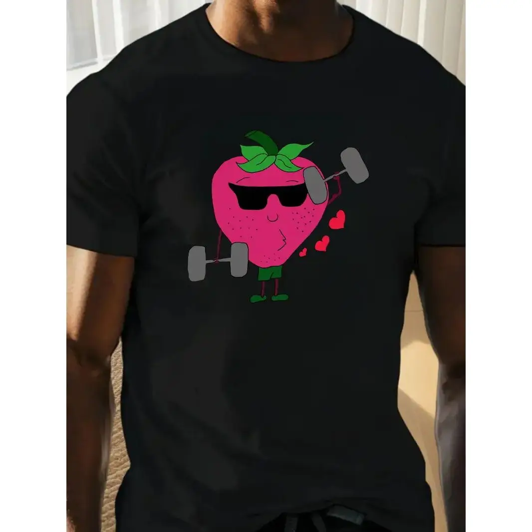 

Cute Fruit Strawberry Print Men's and Women's Same Sports Loose Short-sleeved Men's Top Strawberry Shrimp Skin Pure Cotton