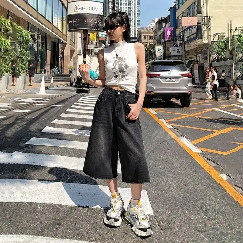 Summer American Style Vintage Women Baggy Jeans Y2k Loose Washed High Waist Knee Length Denim Pants Streetwear Wide Leg Shorts