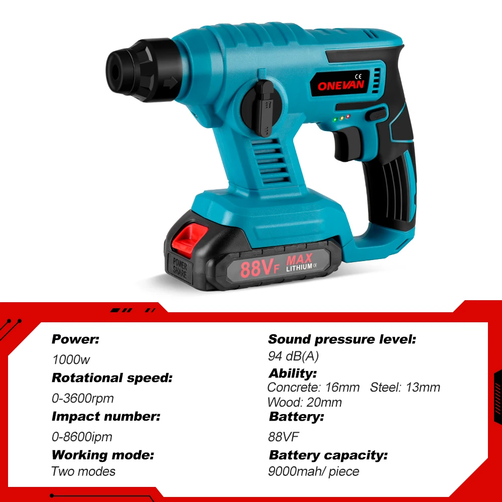 ONEVAN 1000W 3600RPM Elektrische Bohrhammer Wiederaufladbare Elektrische Hammer Schlagbohrmaschine Holzbearbeitung Werkzeuge Für Makita Batterie Pin – Detail 3