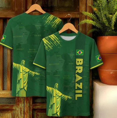 Men Brazil National Flag Christ Redeemer Statue Map Round Neck Jersey 3D All Over Print Breathable Sport Fan Casual Top