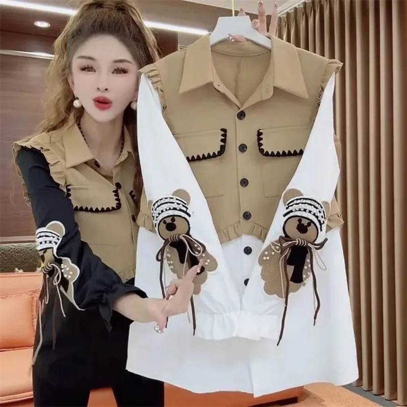 

Women's Shirt Top 2026 Spring Autumn New Fashion Polo Collar Loose Bear Long Sleeve Fake Two piece Medium length Shirt Coat