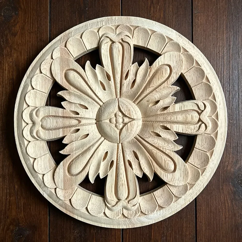 24cm Carving Wood Furniture Accessories Applique Decor Patch Round Flower Home Decoration Accessories Craft Figurine Miniature