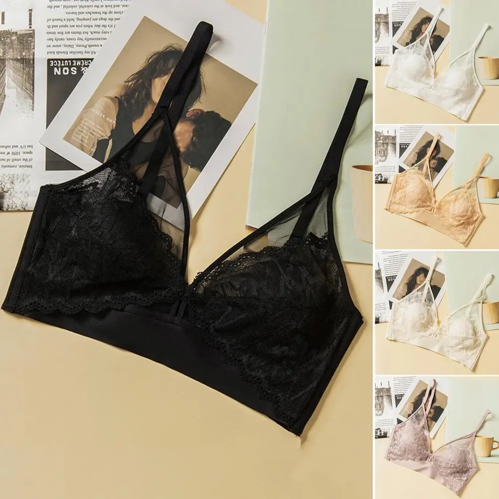 Women Triangle Bralette Sexy French Style Sheer Lace  Bra Spaghetti Straps Seamless Underwear Breathable Bra Inner Wear