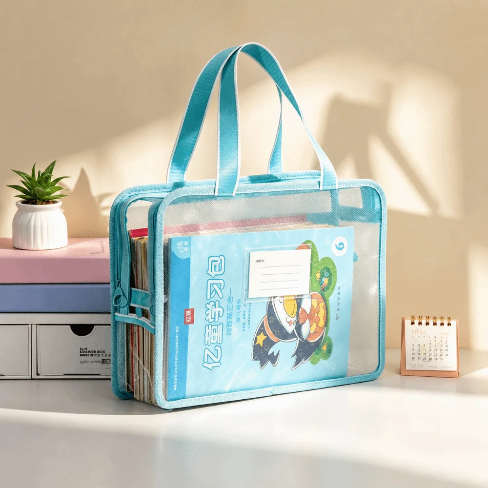Multi-Functional Clear Tote File Bag L-Shape Large Opening Waterproof A4 Book Handbag Large Capacity Mesh Tutoring Bag Students