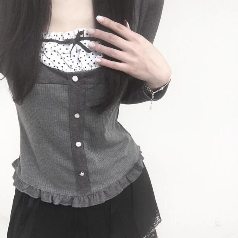 IAMHOTTY Y2K Polka Dot Print Contrast Patchwork Knitted Tops Grey Autumn Spring Cute Bow T-shirts Slim-fit Long Sleeve Knitwear