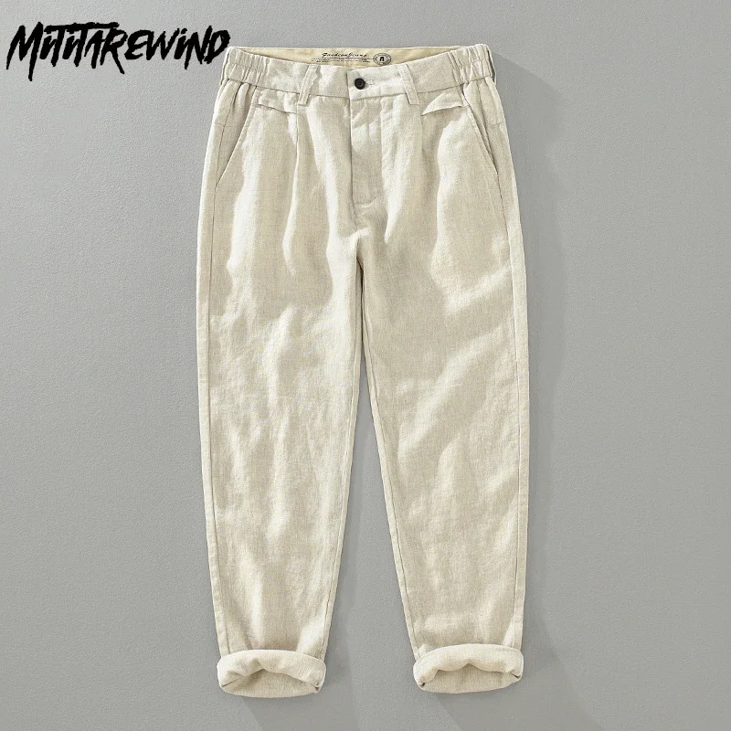 

Мужские брюки из 100% льна в японском стиле, летние повседневные повседневные брюки с девятью точками, мужские брюки-карандаш цвета хаки с полуэластичной резинкой на талии, дышащие