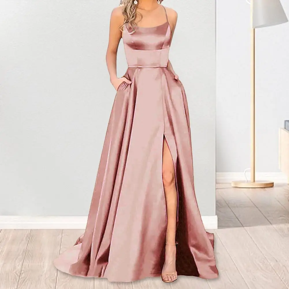 Lightweight Fabric Dress Elegant Satin Evening Dress with Spaghetti Straps High Slit Side Pockets Off Shoulder for Banquet