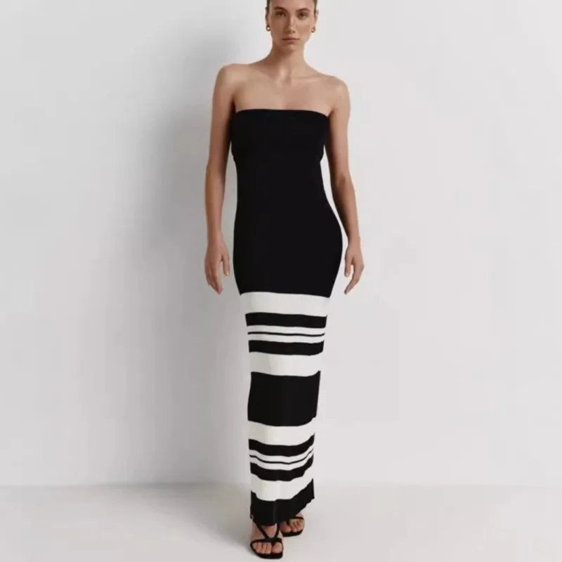 

2024 Summer Autumn Contrast Colors Striped Strapless Bodycon Long Dress Women Slash Neck Backless Sleeveless Casual Street Robe