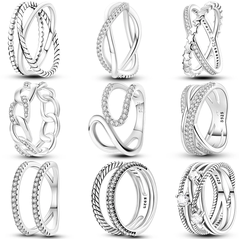 女性のための 925 シルバースパークリングジルコンミニマリスト幾何学スター X リングロマンチックな結婚式婚約バレンタインジュエリーギフト