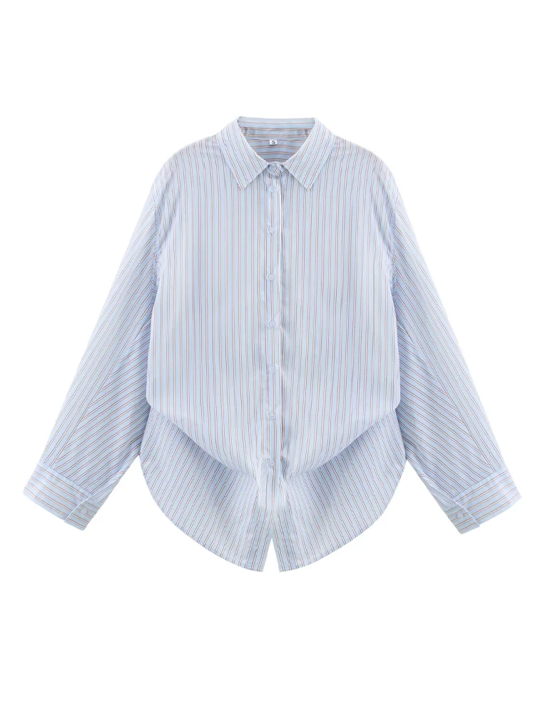 

ZAJIA2025 new women's clothing European and American style cotton bat sleeve striped lapel long-sleeved shirt