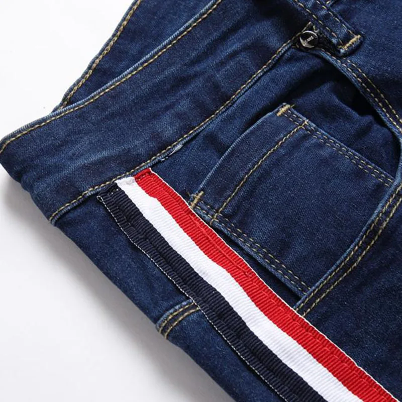 Pantalones vaqueros con rayas laterales para Hombre, Pantalón recto de algodón, elástico, estilo clásico, nueva moda