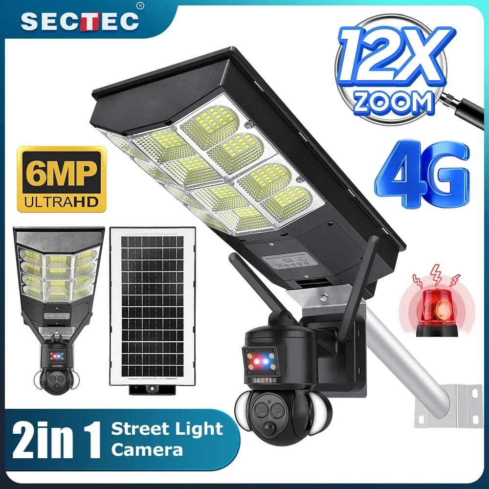 All In One Solar Street Light CCTV Camera Outdoor 10W Solar Panel Home Garden LED 4G 6MP 12X Zoom Network Camera