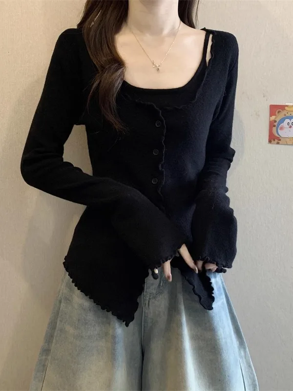 

Women's Long Sve U-Ne Knitted Top with Wood ain Ruffle Design Autumn Winter plus Size Faionable Base Layer irt