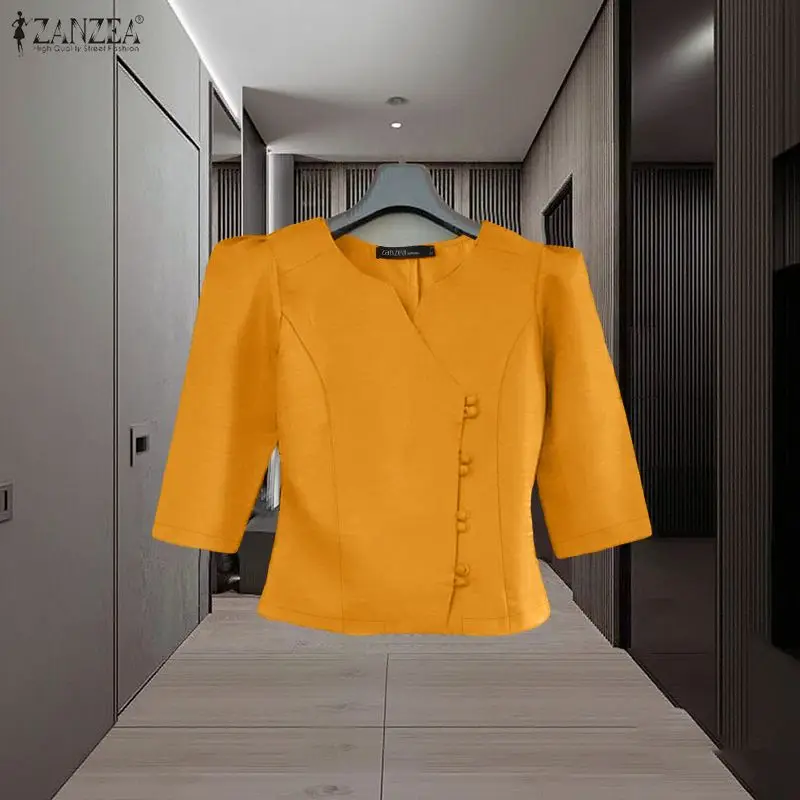 ZANZEA Elegant Woman 3/4 Sleeve Solid Color Blouses Wrapped V-Neck Princess Seam Button Up Short Tops Spring Summer Blusas Mujer