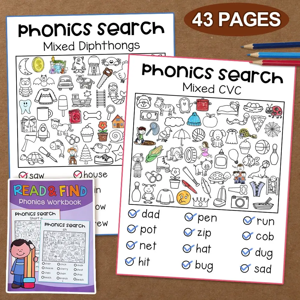 Libro de trabajo de lectura y encontrar fonética, libro de trabajo para preescolar, jardín de infantes, aprendizaje de inglés, material didáctico para profesores, aprender a leer