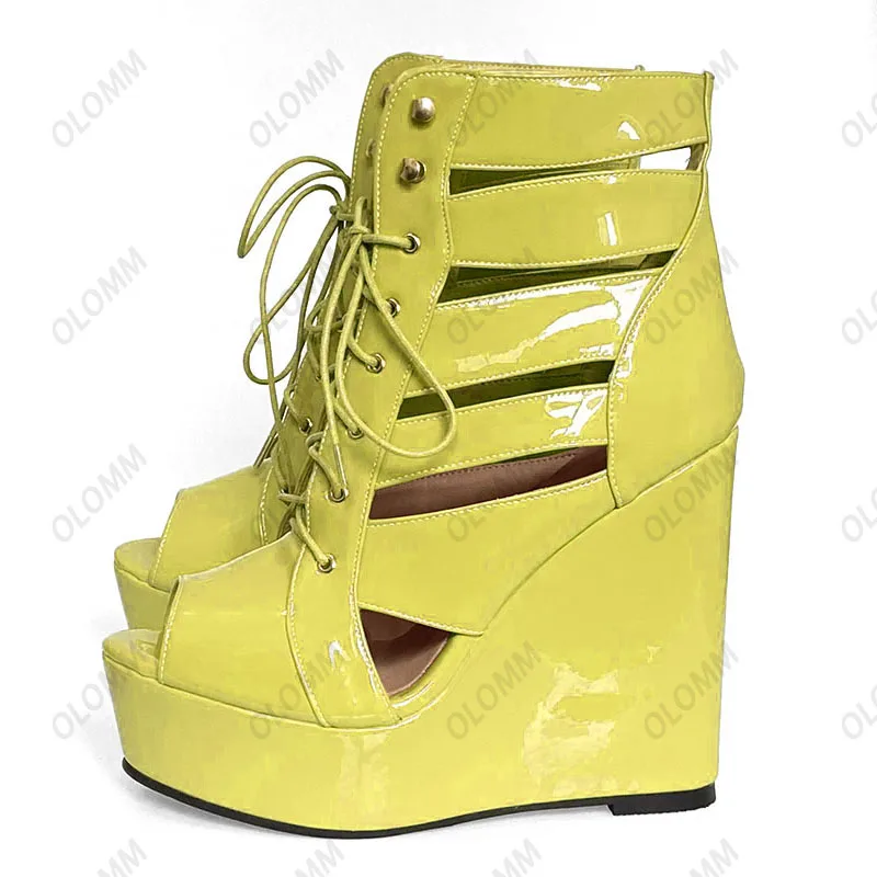 

Olomm Handmade Women Platform Sandals Hollow Out Wedges Heels Peep Toe Gorgeous Khaki White Pink Night Club Shoes Size 5-20