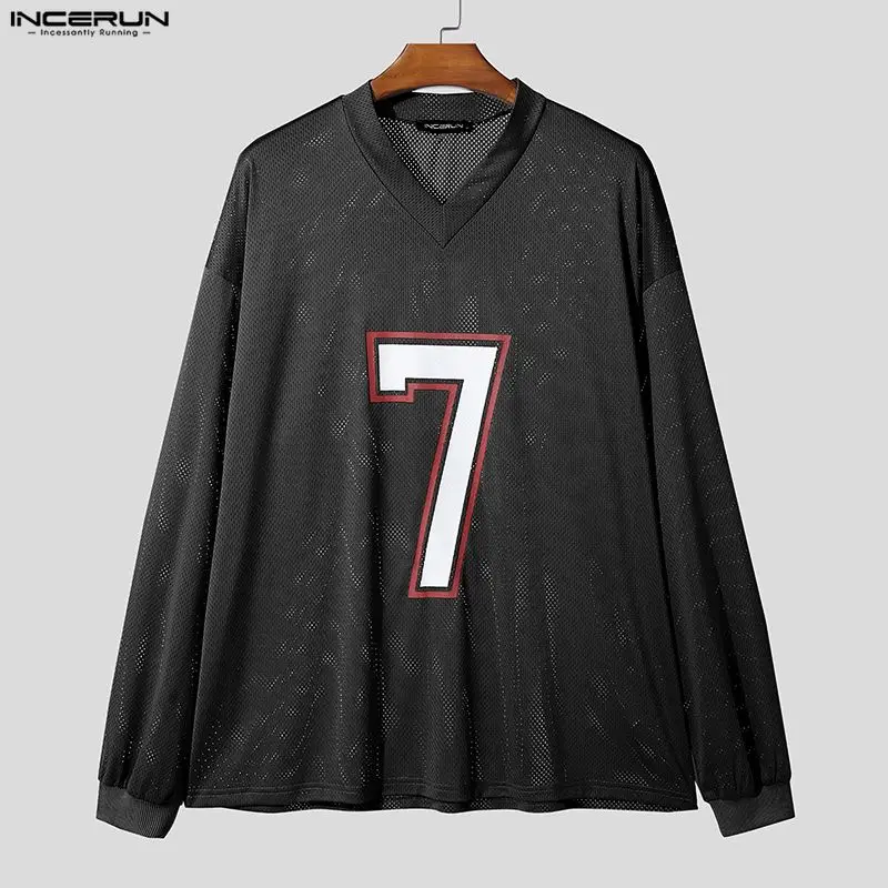 

INCERUN Men T Shirt Printing Mesh Hollow Out V Neck Long Sleeve Male Tee Tops Oversize Streetwear Workout Casual Men Clothing