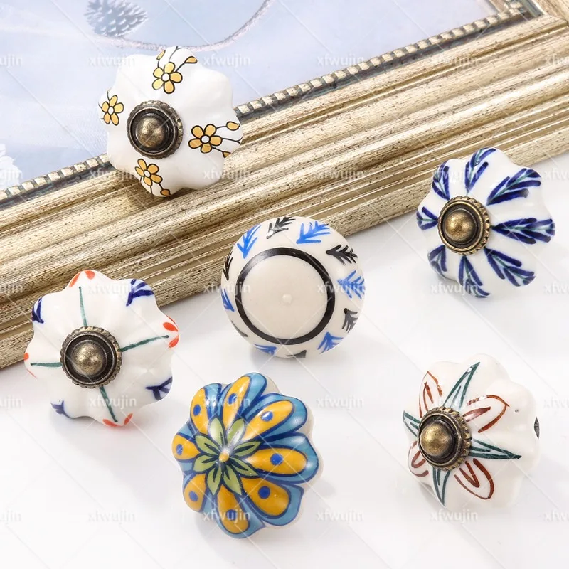 Farmhouse-style Floral Print Antique-style Cabinet Door Ceramic Single-hole Puller Drawer Decorative Puller Gifts Decorations