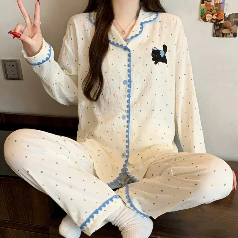 Embroidery Korean Style Dot Cat 2PCS/Set Women's Pajamas Long Sleeve Lapel Neck Sleepwear Woman Spring Casual Cute Nightwear