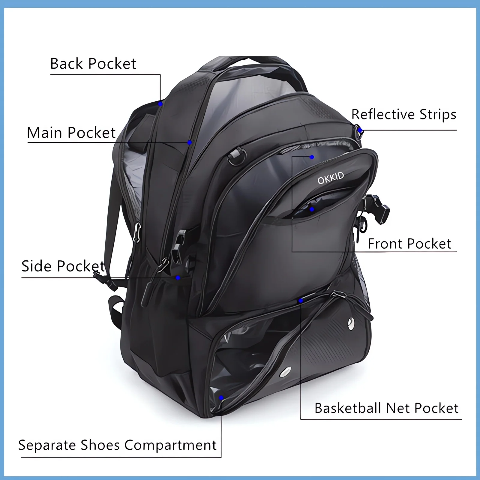 OKKID Middle High School Backpack for Boys Large Capacity Sports Bag Basketball Backpack with shoe pocket Travel Daypack BookBag