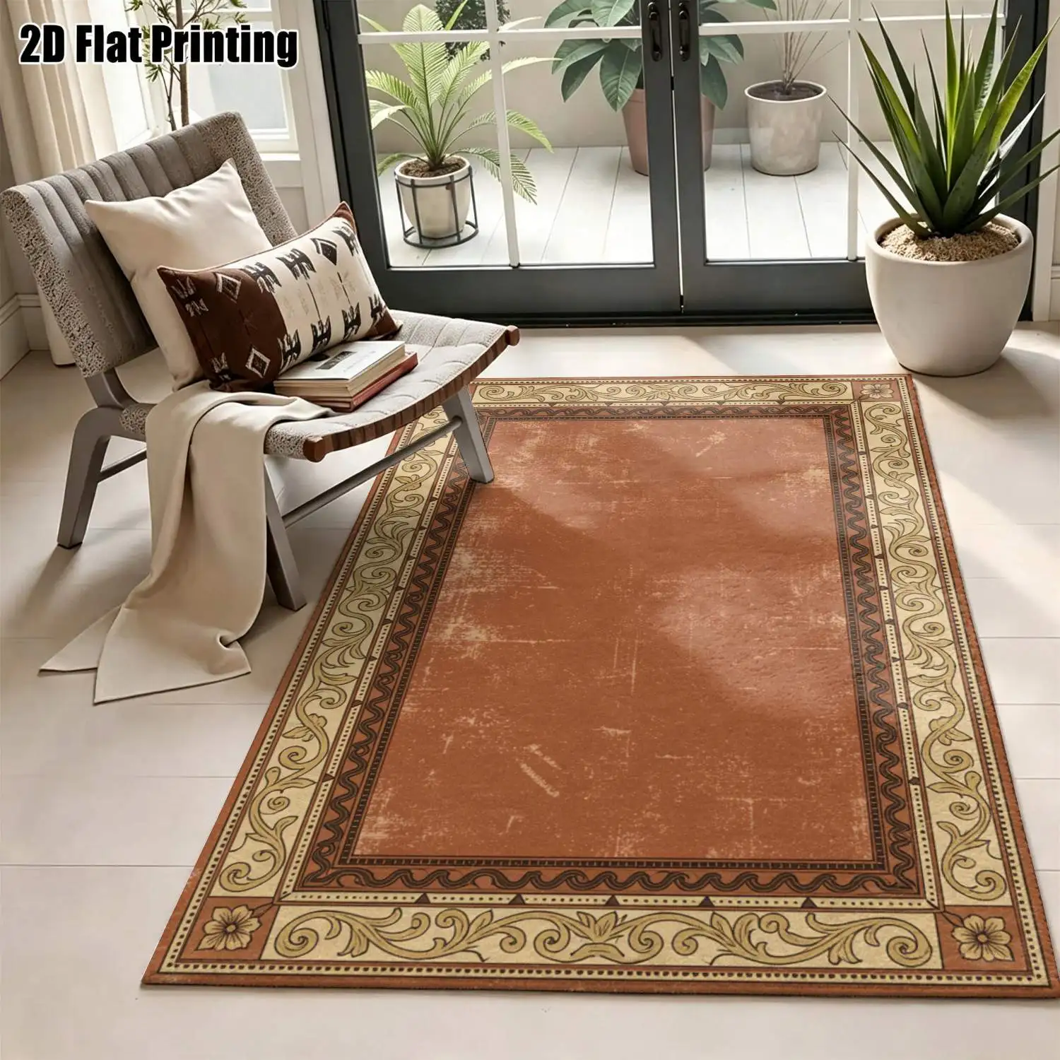 1Pc 2D Printed Retro Brown-Red Border Carpet: European Vintage Geometric Bohemian Floor Mat, Home Decor, Multi-Size, Machine Washable, for Entrance, Dining, Foyer, Bedroom, Living Room