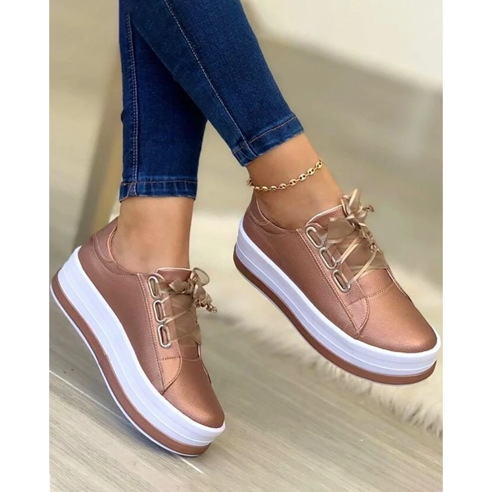 

Fashion Women Mesh Lace-up Muffin Sneakers Autumn Daily Casual Round Toe Platform Sports Shoes Korean Style Spring Going Out