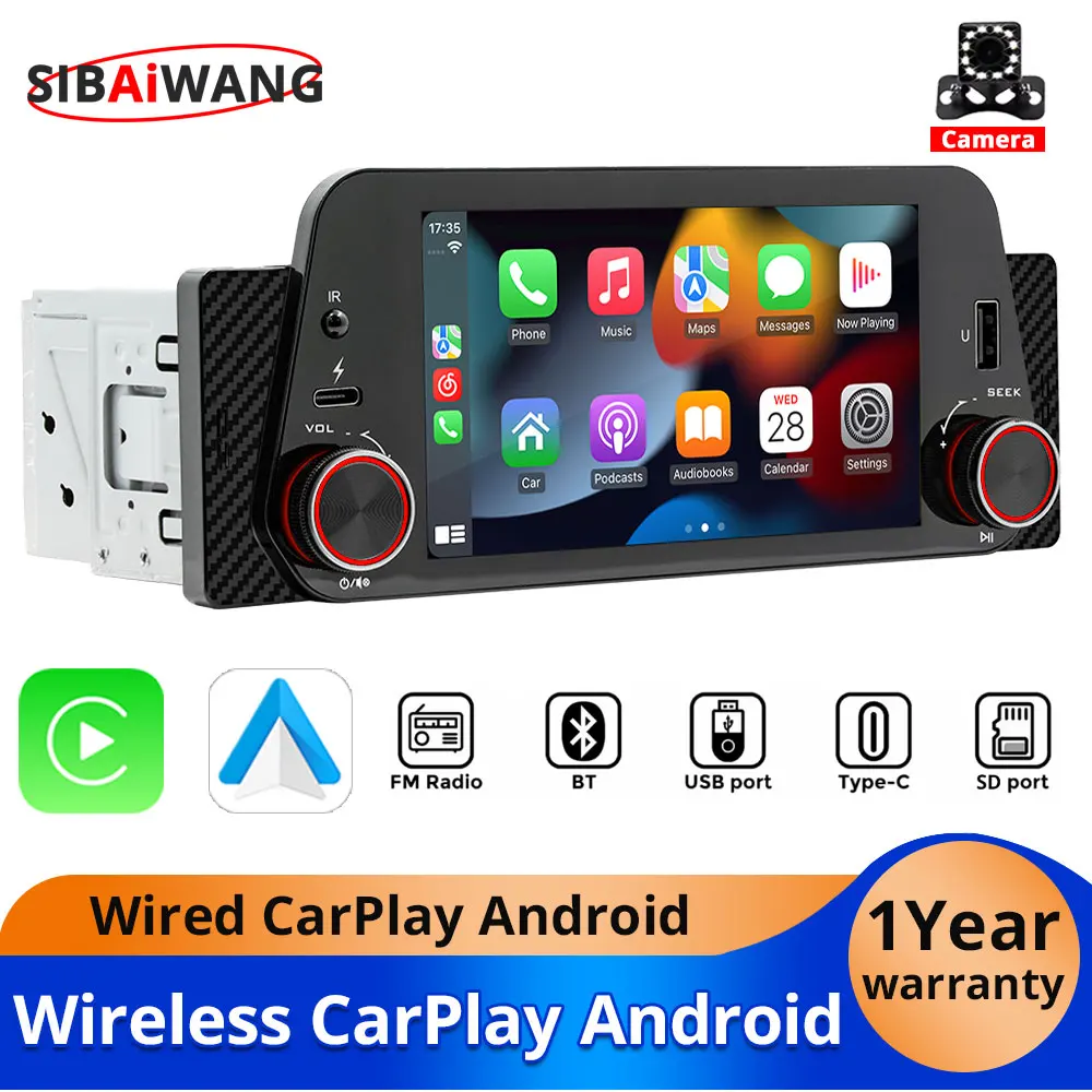 Wireless Carplay Android Auto 5-Inch Car Radio Bluetooth 1Din Universal Multimedia MP5 Player Touch Screen FM USB Mirror Link