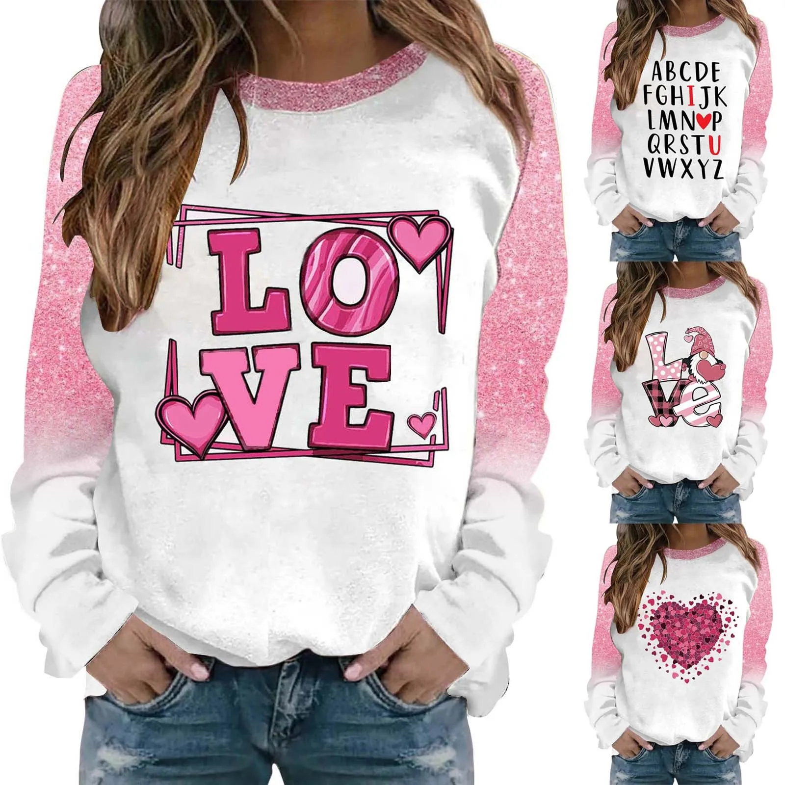 

Women's Valentine's Day Long Sleeve Hoodless Sweatshirt Bright Glitter Fall Outfits Women Active Women Gift Fall Long Sleeve