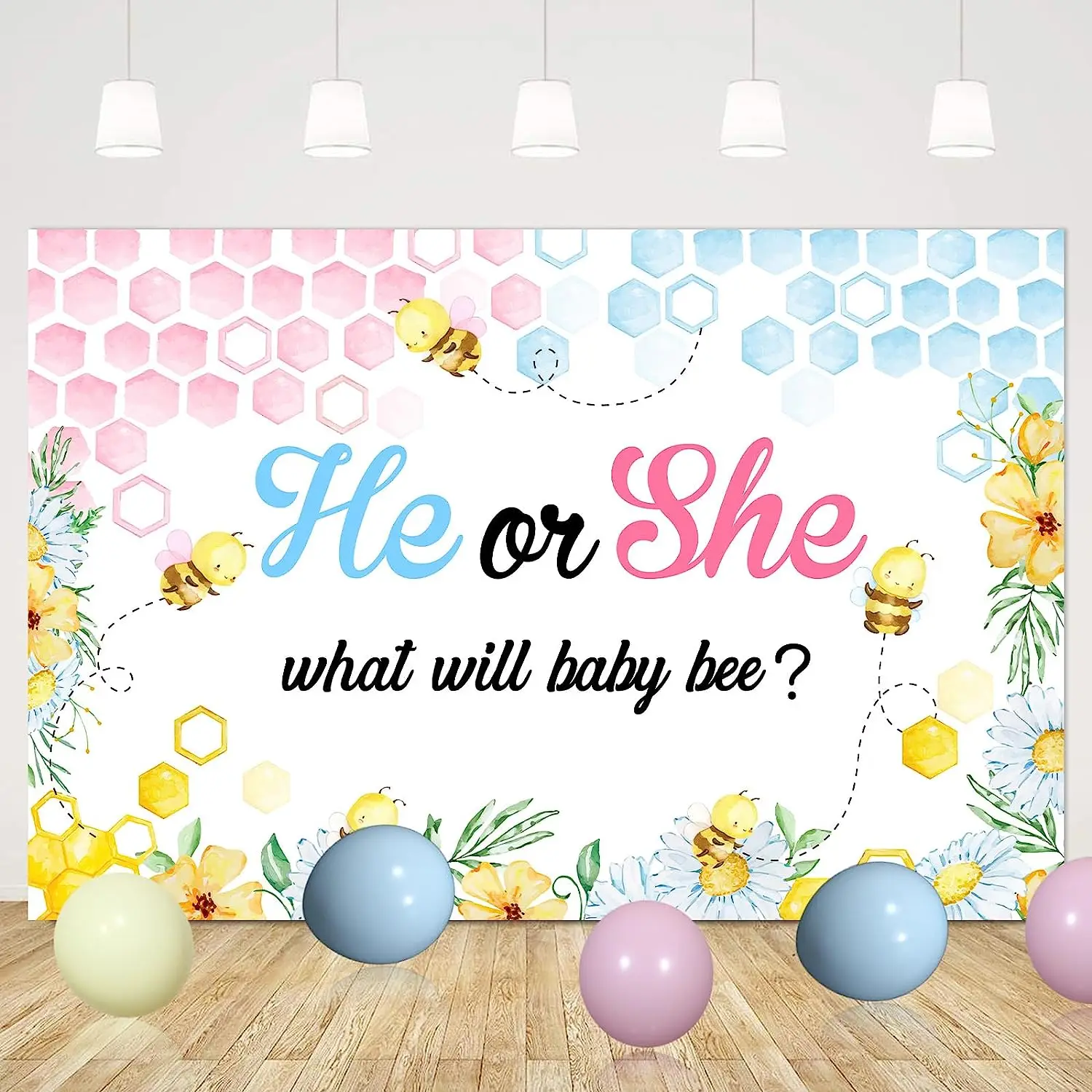 Bee Gender Reveal Decorations Pastel Balloon Arch with He or She What Will Baby Bee Backdrop Bee Stickers for Baby Reveal Party