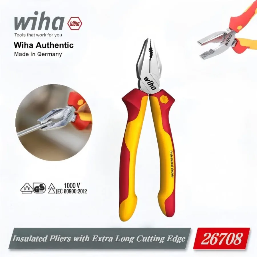 Wiha 26708 180mm 1000V VDE Insulated Pliers, DynamicJoint OptiGrip, Extra Long Cutting Edge Professional Electrician Tool