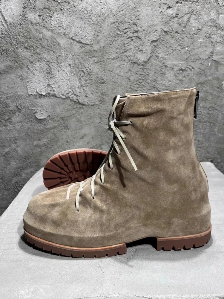Vintage Mens Pleated Real Suede Leather High Top Shoes Work Safety Shoes Lace Up Thick Platform Motorcycle Riding Desert Boots