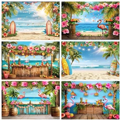 Summer Flamingo Palm Tree Flower Hawaii Aloha Photography Background Holiday Party Decoration Banner Beach Surfboard Photo Props