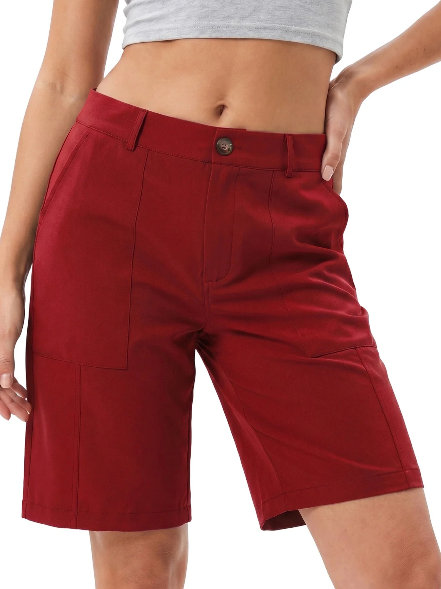 Sommer-Bermudashorts für Damen, lockere, lässige, einfarbige, knielange Shorts mit hoher Taille, Shorts zum Ausgehen – Detail 8