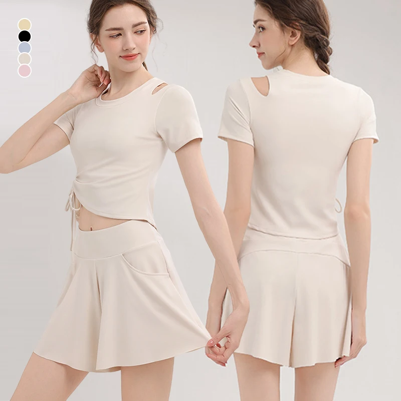 

Women's Side Drawstring Yoga Short Sleeve Crop Top Elastic Breathable Fixed Bra T-shirt Sports Gym Fitness Workout Short