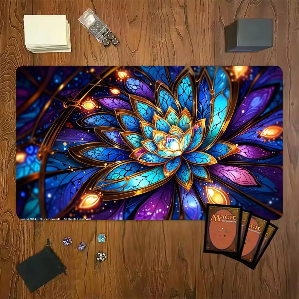 TCG-Spielmatte mit Buntglasblumenmuster, 35 x 60 cm, rutschfeste, strapazierfähige Tischspielmatte mit genähtem Rand für Magic-Kartenkämpfe