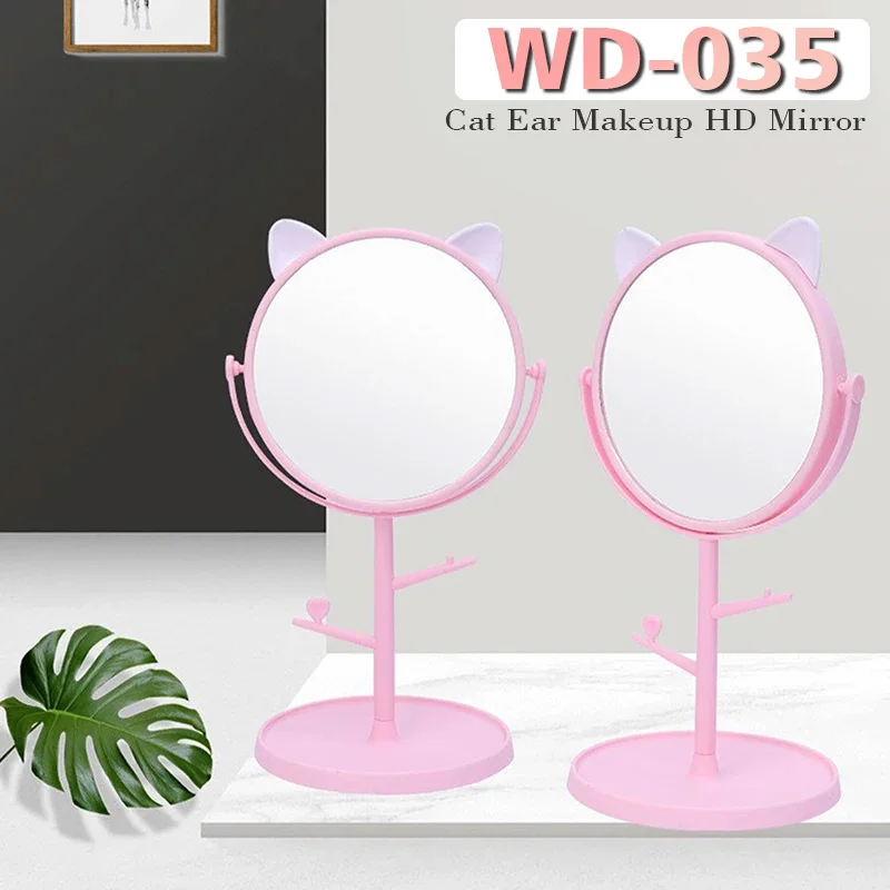 Cute Cat Ear Makeup Mirror With Jewelry Rack Holder 360° Rotation Table Countertop Base Use for Bathroom Desk Cosmetic Mirrors