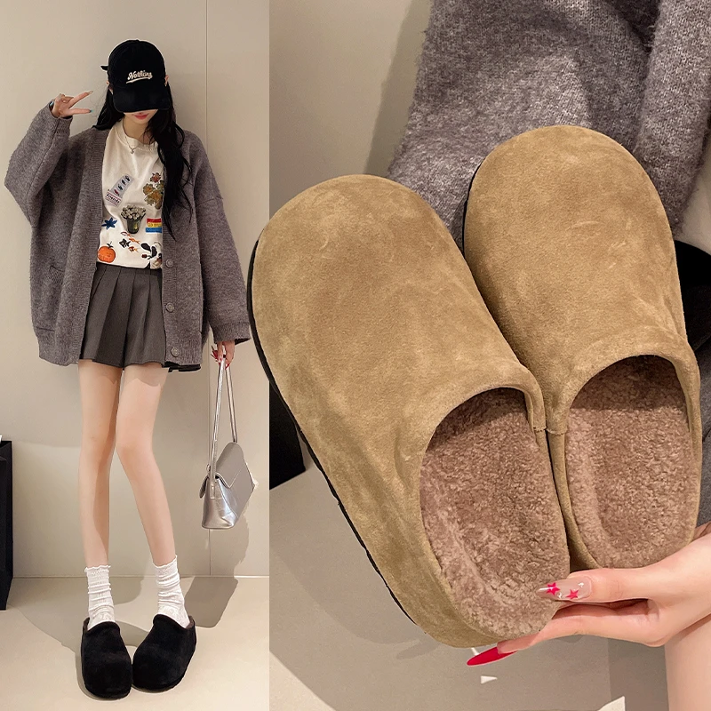 

Trendy Faux Suede Lined Slippers Women's Outdoor Wear 2025 New Autumn Winter Casual Fashion Versatile Slippers