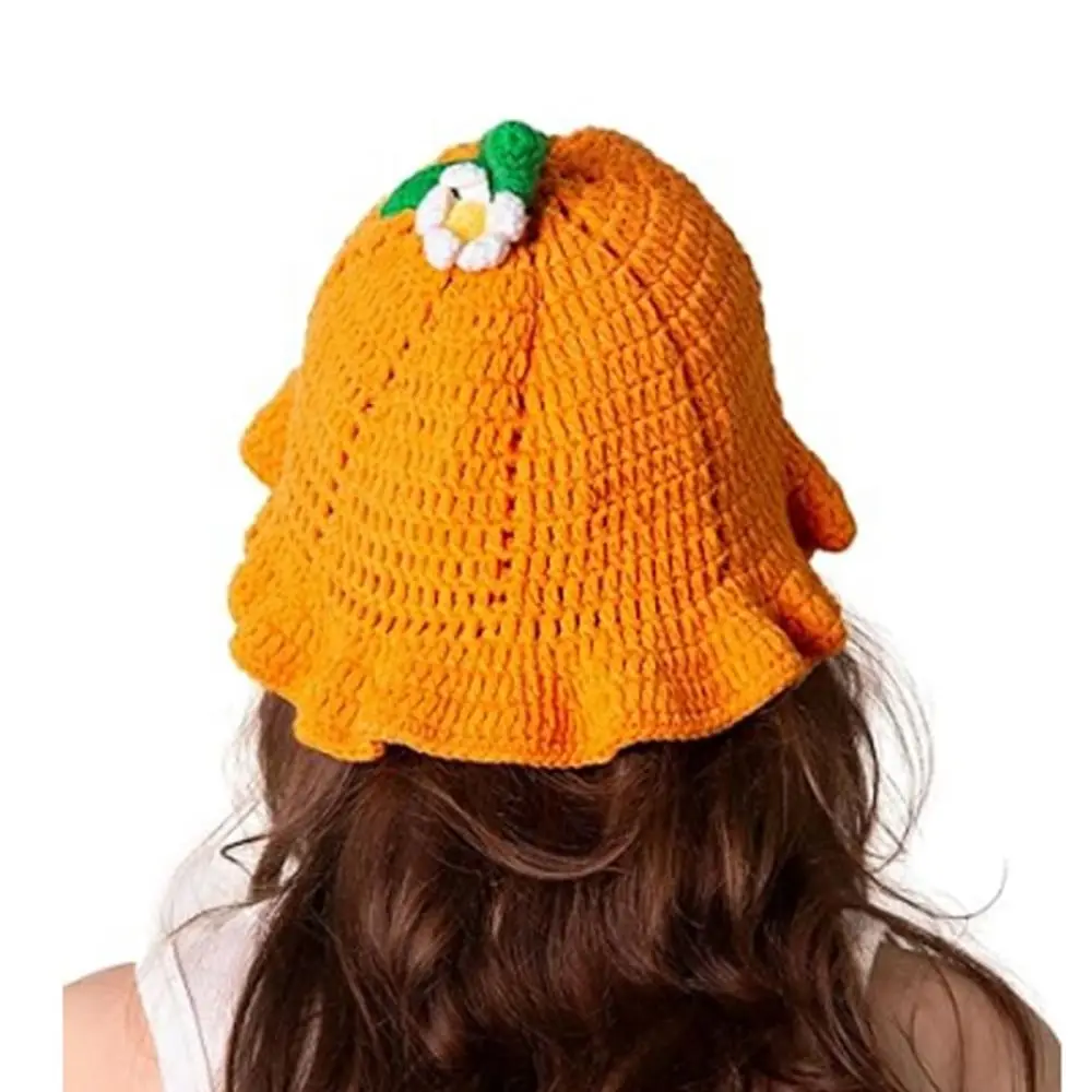 Kawaii Rüschen-Erdbeer-Strickmütze orange Stretch-Strick-Fischerhut Warme Fruchtförmige Häkelmütze für Damen/Mädchen – Detail 3