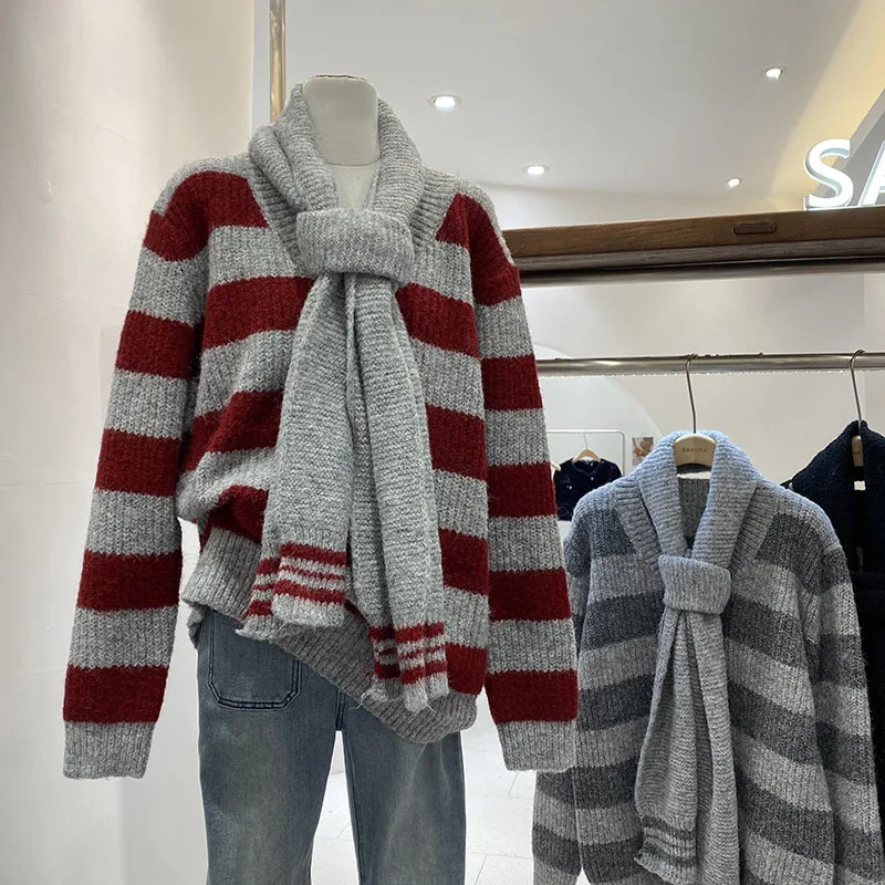 

Medium-Length Two-Piece Illusion Striped Loose-Fit Sweater Women's Autumn/Winter New Arrival V-Neck Pullovers