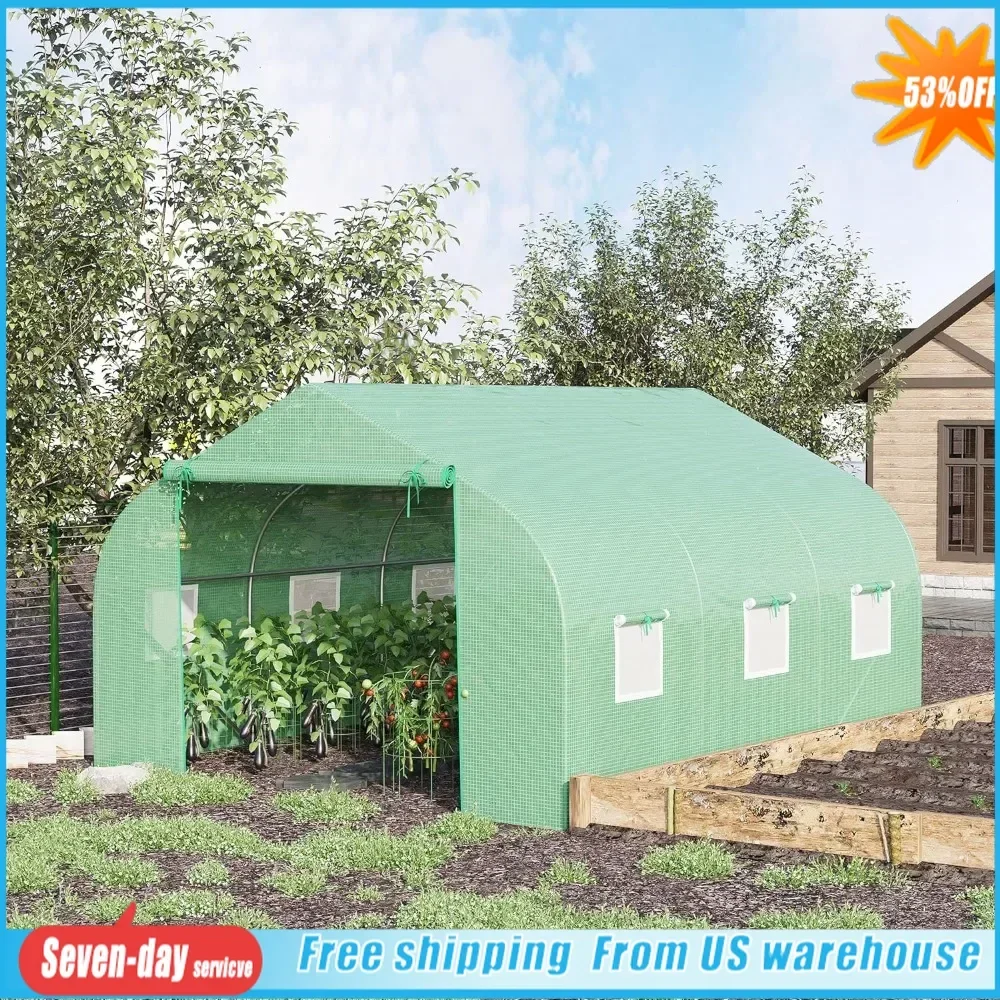 12' x 10' x 7' Outdoor Greenhouse, Tunnel Greenhouse with Roller Shutters, Zipper Door, PE Cover, Heavy Duty Steel Frame, Green