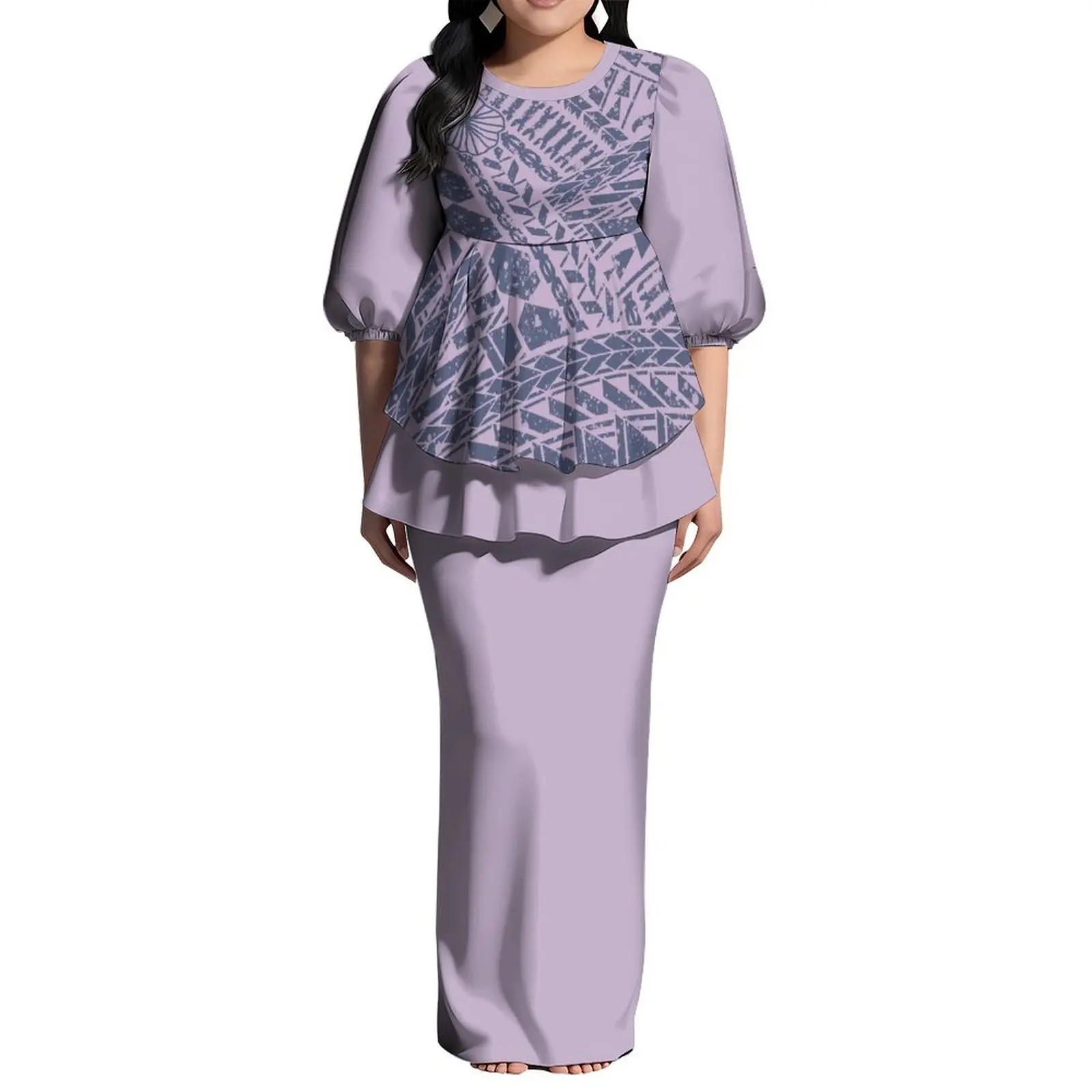 Venda quente personalizado tonga puletasi maxi vestidos amarelo senhoras bolha meia manga design em camadas babado vestido 2 peça conjunto vestido