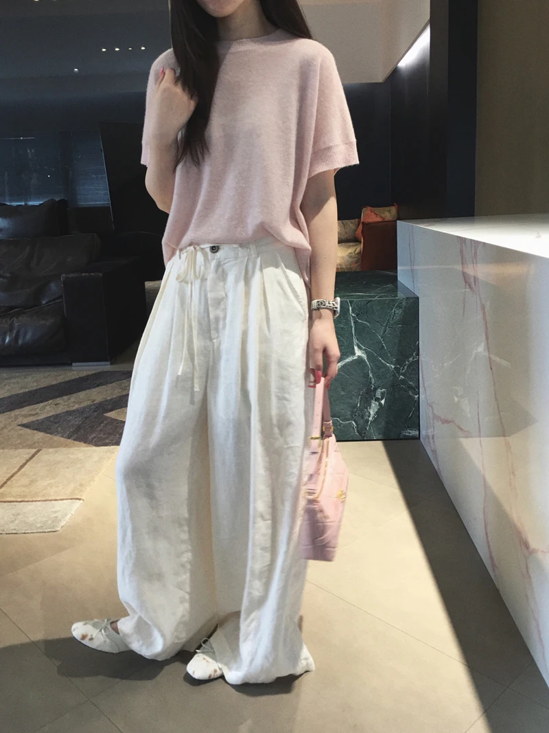 

Брюки Cuijia с высокой талией и широкими штанинами, на шнурке, из стираного льна, летние, прохладные, повседневные, прямого кроя, с декоративной пуговицей