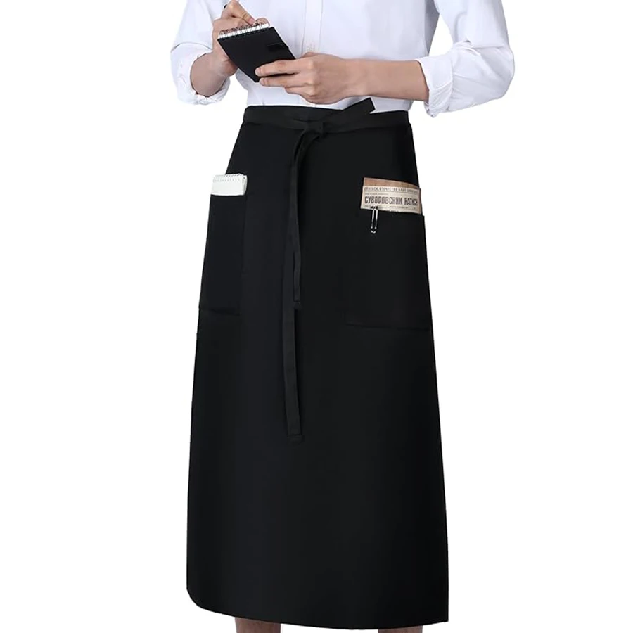 Long Waist Apron With Multi Pockets Unisex Black Half Apron Adjustable Tie for Waitress Barista Restaurant Cafe Work Uniform