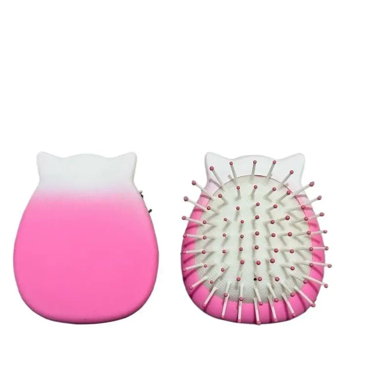 Mini Ombre Pink Cat Ear Detangling Hair Brush With Soft Massage Bristles For Travel Daily Use Purse Carry view 6