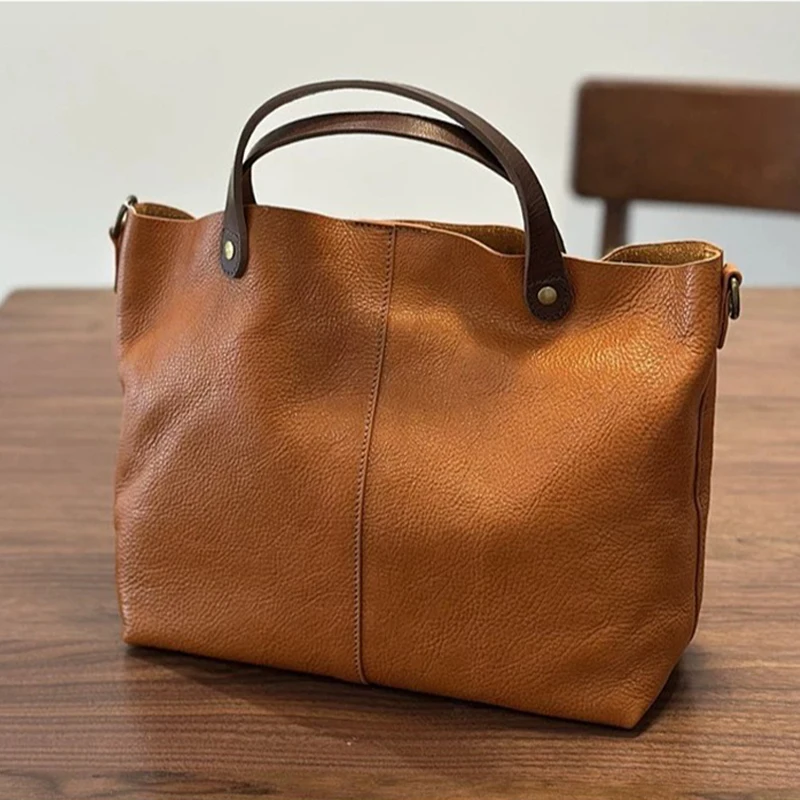 New Vintage Women Handmade Vegetable Tanned Top Grain Cowhide Bucket Bag Genuine Leather Commuter Top‑Handle Tote Handbag