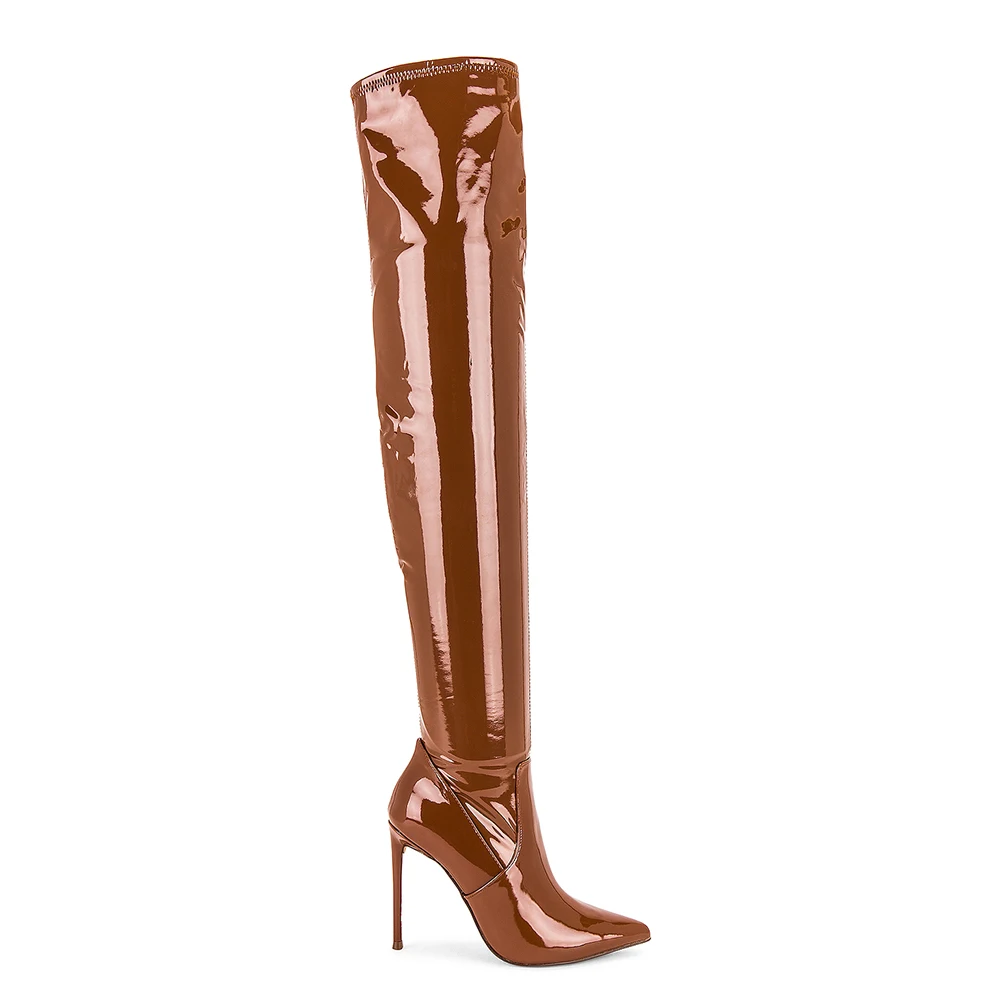 Trendy Ladies Over the Knee Boots Shiny Patent Leather Thigh High Boots Pointed Toe Thin Heel Brown Winter Women Shoes