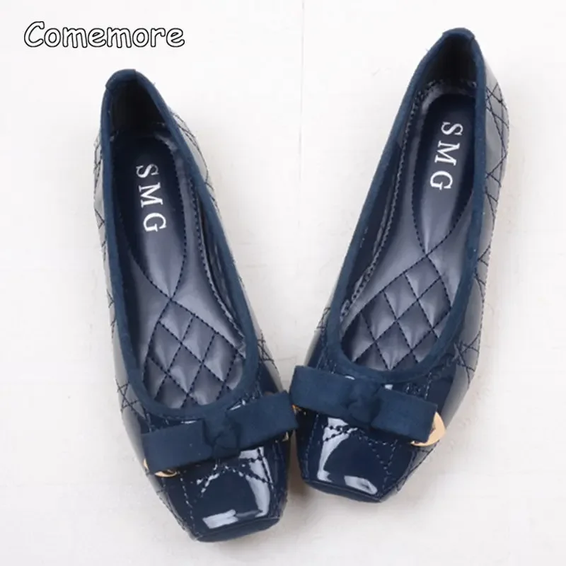 Comemore Leather Women Solid Ballerina Flats Plus Size 35-41 Office Shoes Ladies Black Espadrilles Square Toe Bow-knot Moccasins