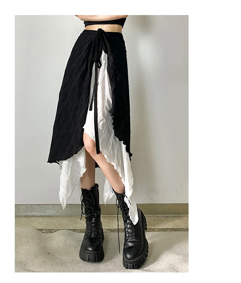 Harajuku Punk Style Skirts Women High Waist Splicing Irregular Gothic Skirt Black White Fashion Streetwear Lace Up Skirt