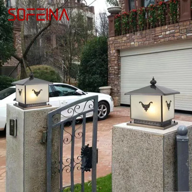 SOFEINA-Criativo chinês bronze pilar luz, LED impermeável, IP65, eletricidade ao ar livre Post lâmpada, Villa casa vintage e pátio